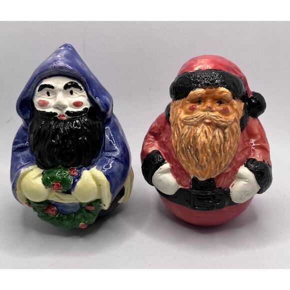 Santa Scioto Lot of (2) Rustic Roly Poly Ceramic Scioto Figurines 3.5" Vintage